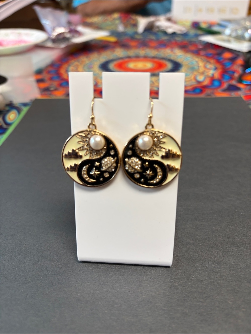 Gold-tone Black & Cream Sun and Moon Drop Earrings with Pearl Accent